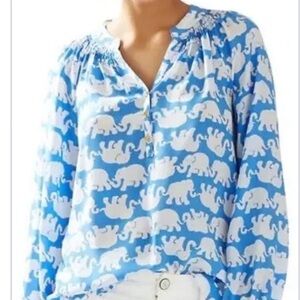 Lilly Pulitzer Silk Blue and White Elephant Blouse